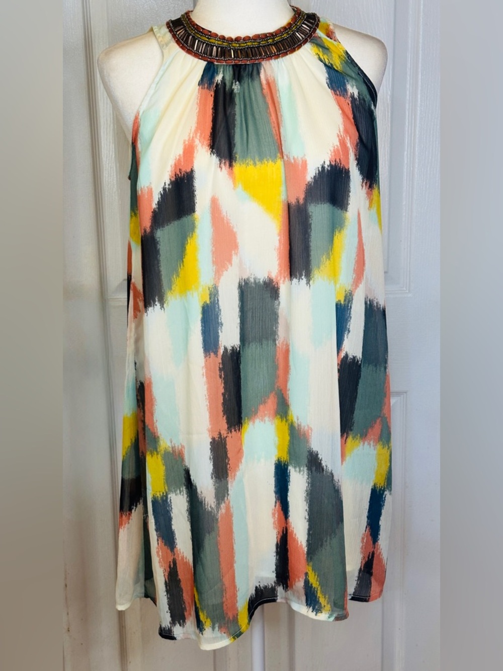 HD in Paris Dress Shift Pastel Geometric Cream Brush Strokes Jeweled  Size 2
